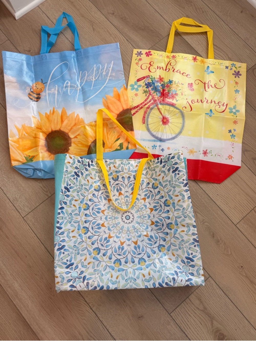 Set of 3 Large Reusable Sunflower & Bicycle Patterned ShoppingTote Bags